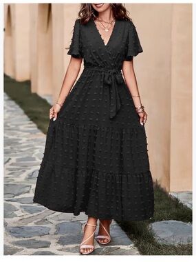 Fashion Maxi VNeck High Waisted Ruffle Tier Swiss Dot Dress